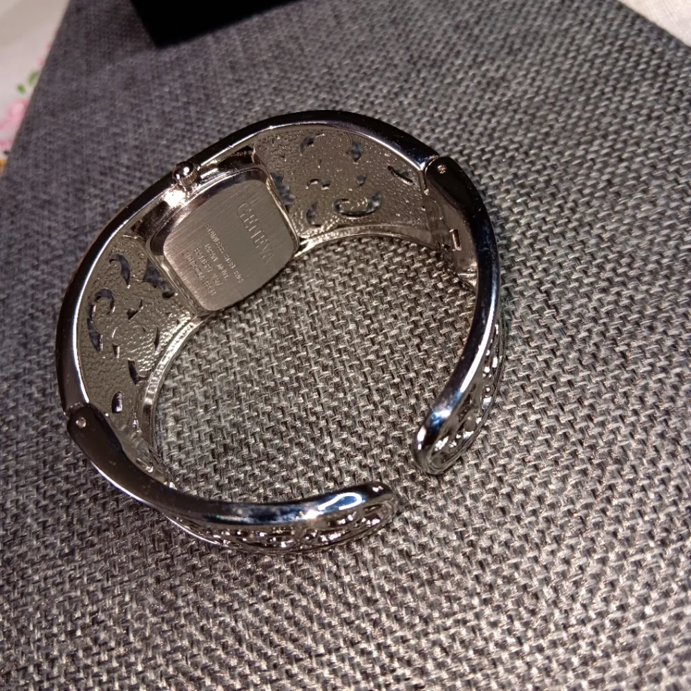 Geneva Silver Hinged Cuff Filagree Women's Watch EUC Works!